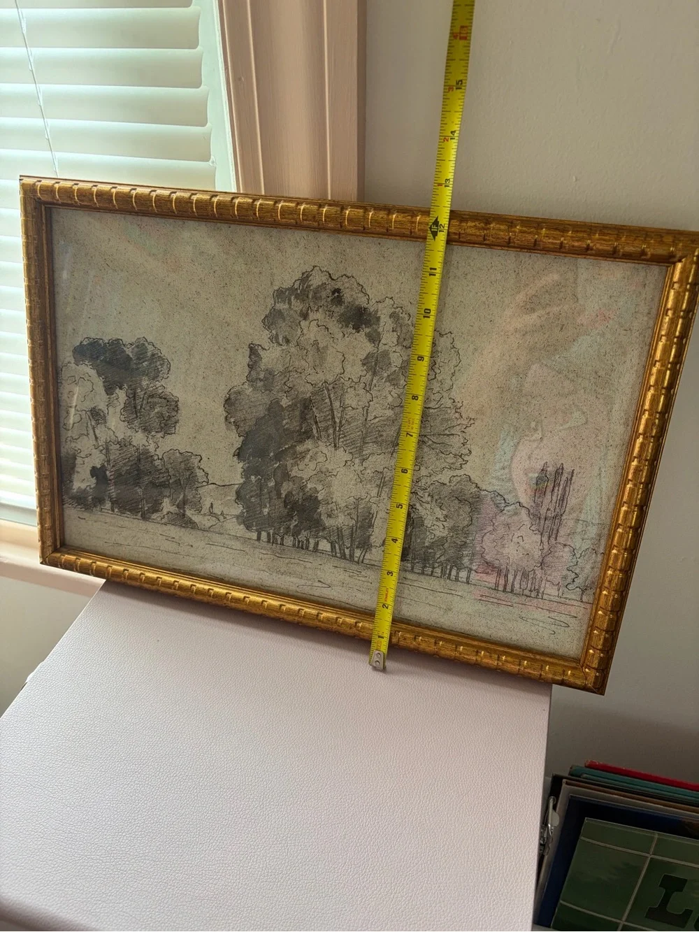 Gold-Framed Landscape Tree Drawing - Neutral Tones